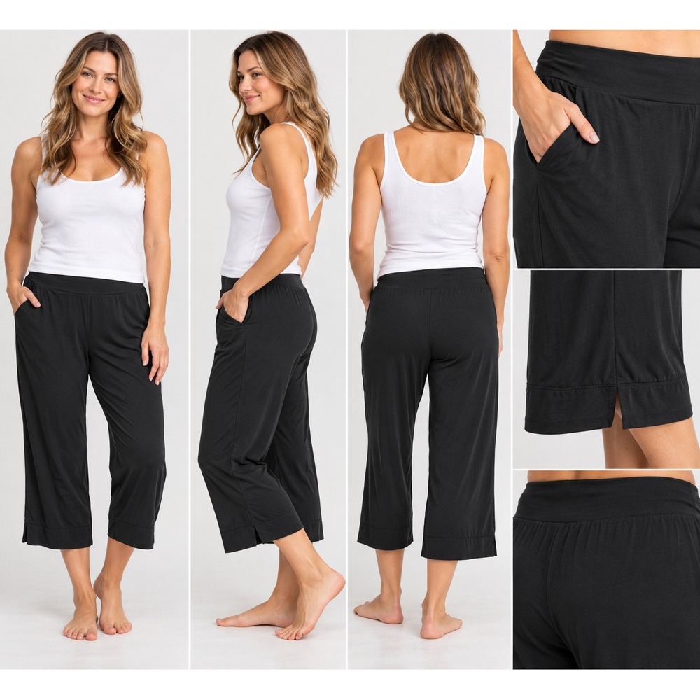 Soma Intimates Black Lounge Pants XL Wide Leg Cropped Pajama Pockets 804496